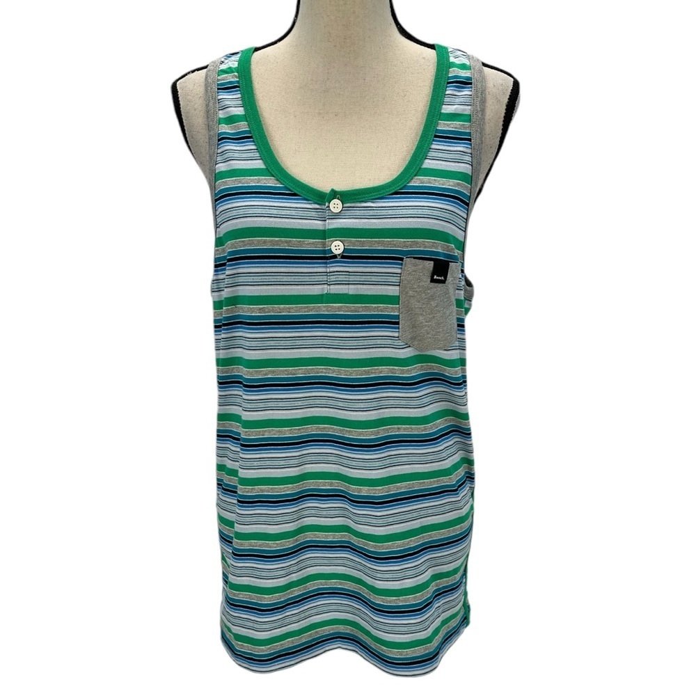 Bench Crew Neck Breast Pocket Striped Tank Top - Green Blue Grey - size Medium